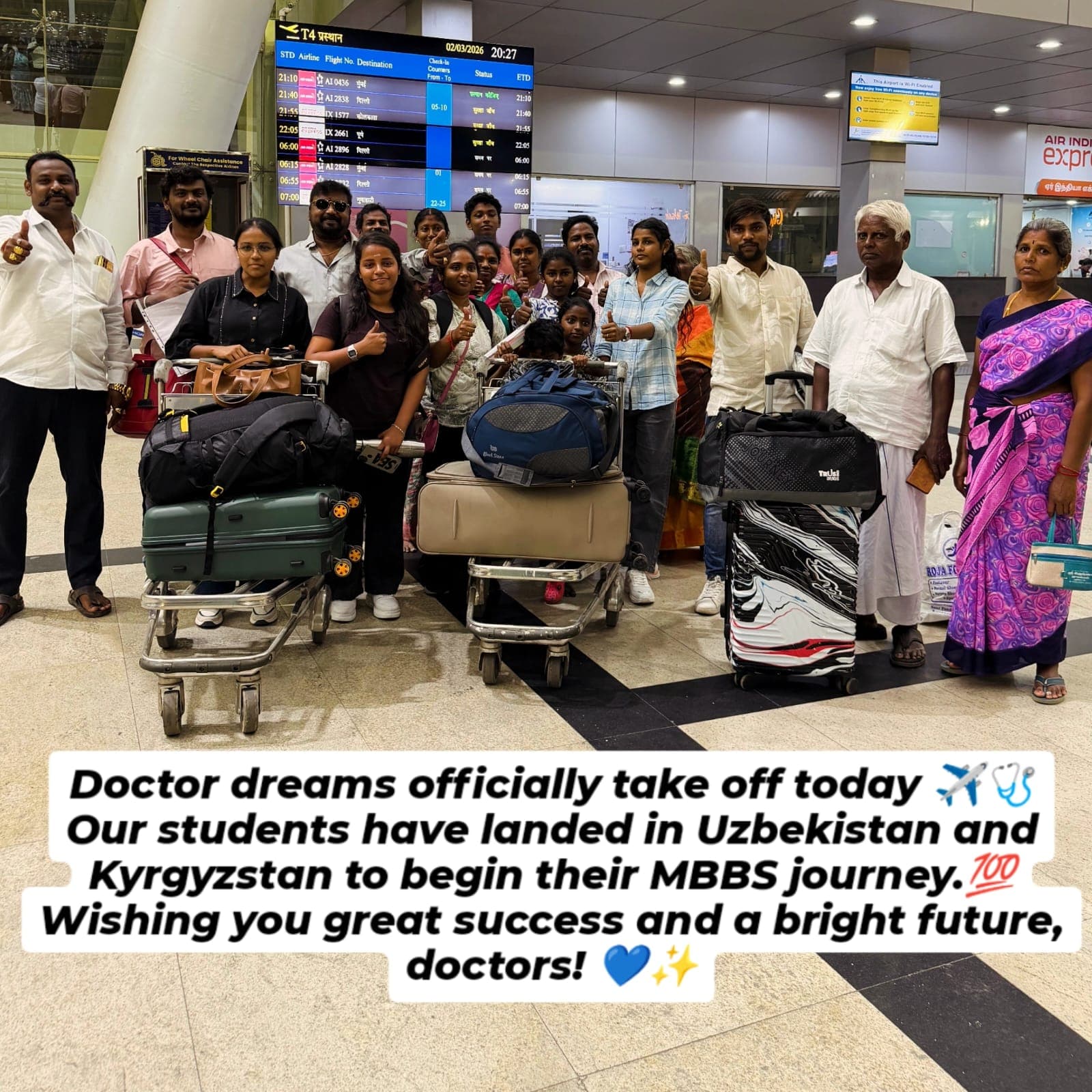 Students and families at an airport with luggage before leaving for international studies